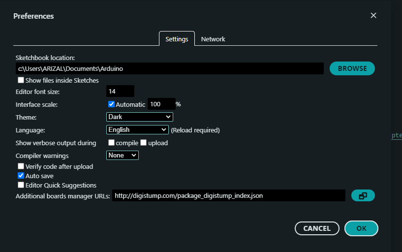 Preferences Arduino IDE dengan Additional Boards Manager URL Digistump