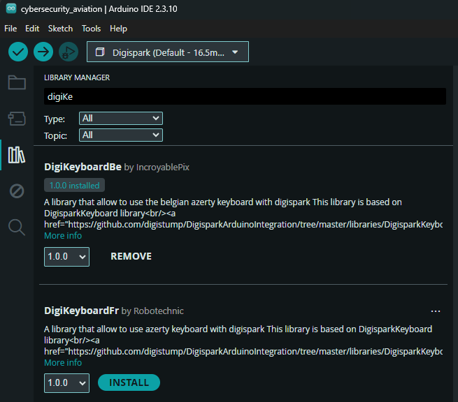 Library Manager dengan DigiKeyboardBe terinstall