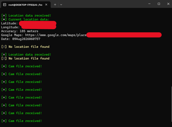 Console attacker menerima notifikasi lokasi & cam file diterima (koordinat ditutup)