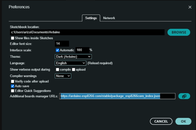 Menambahkan URL ke Additional Boards Manager URLs